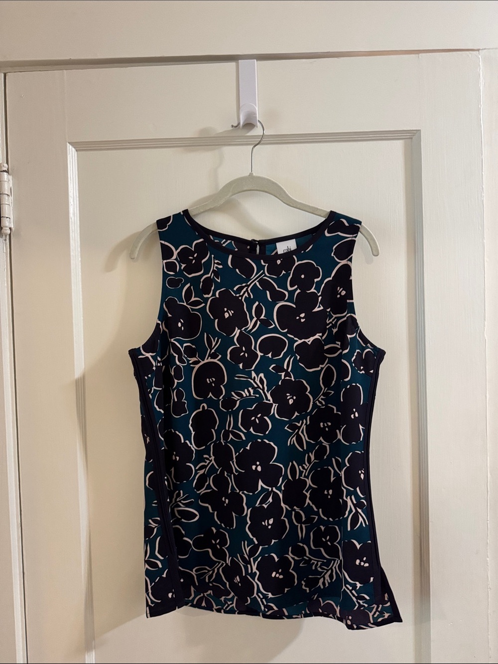 CAbi Teal and Navy Floral Sleeveless Top